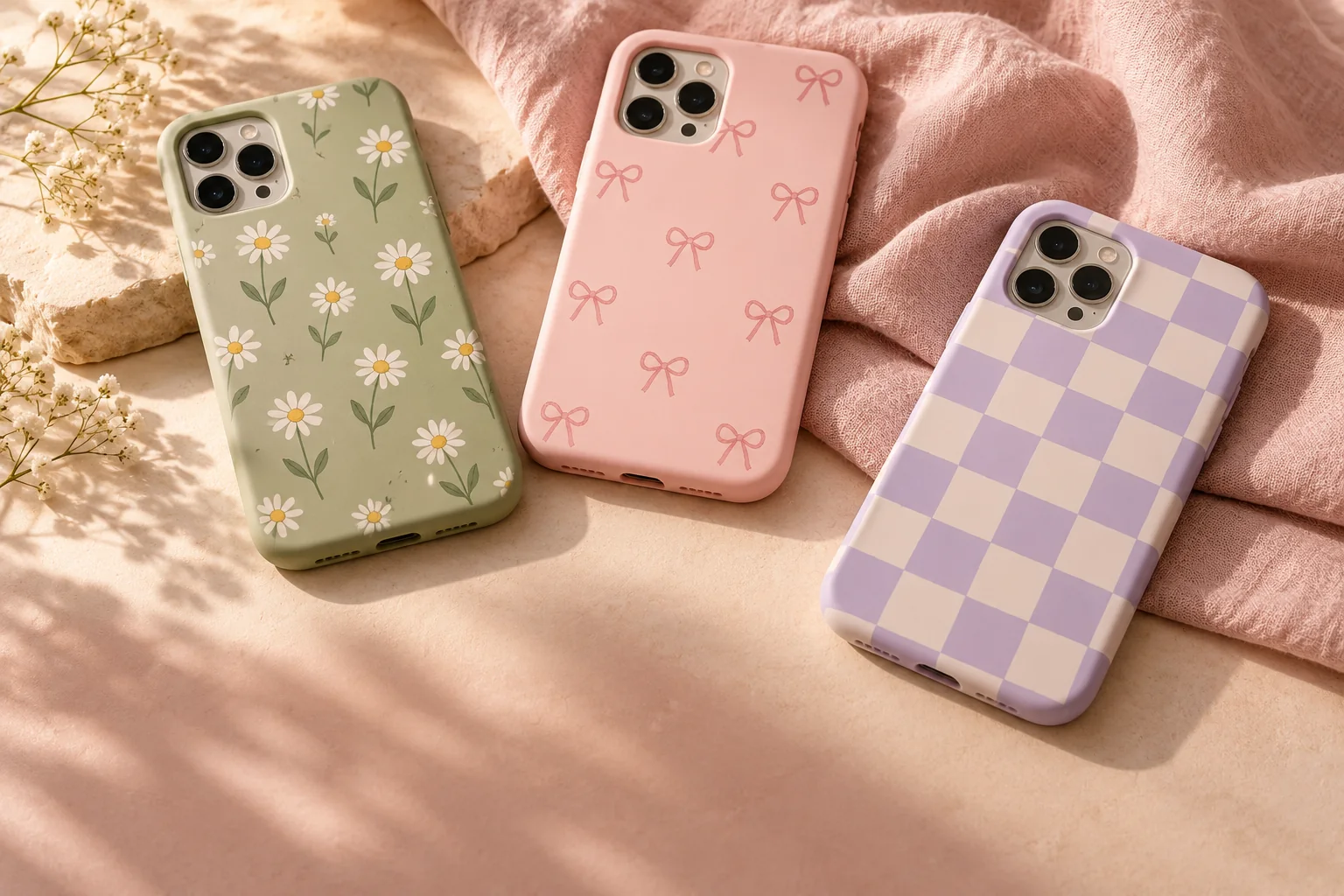Concept phone cases with floral, pink bow, and lavender checkerboard designs on a pastel studio set