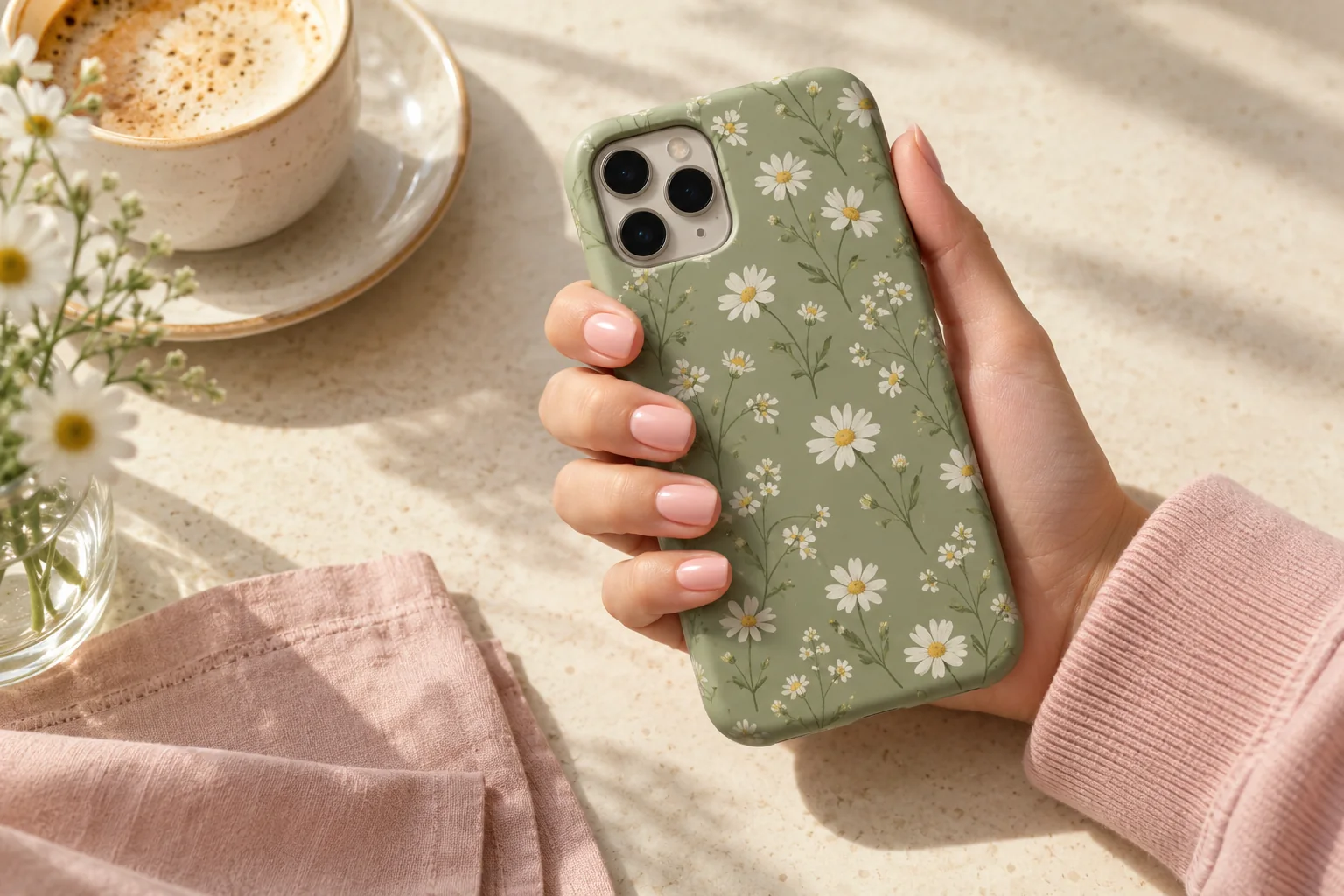 Concept floral phone case coordinated with a soft pink manicure